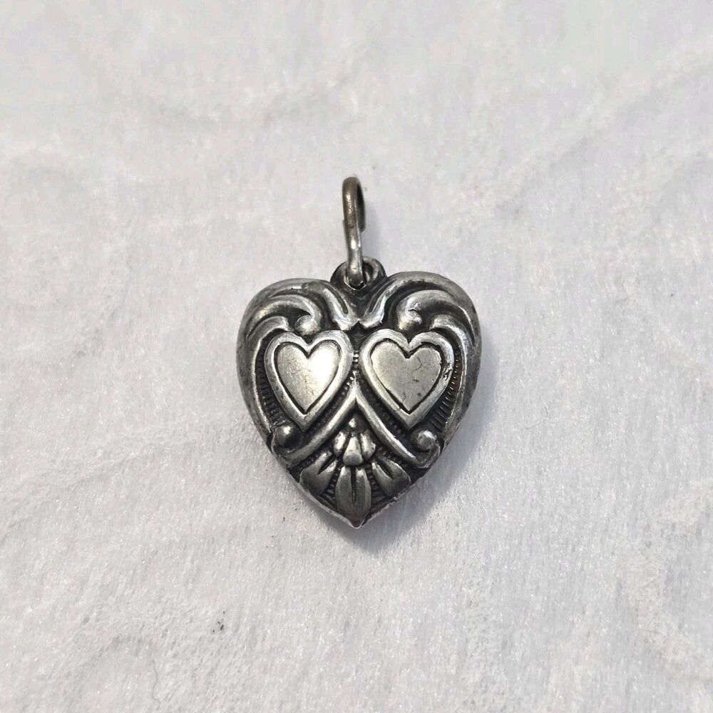 VINTAGE 1940's Sterling Silver Double Hearts Puffy Heart Charm Repousse